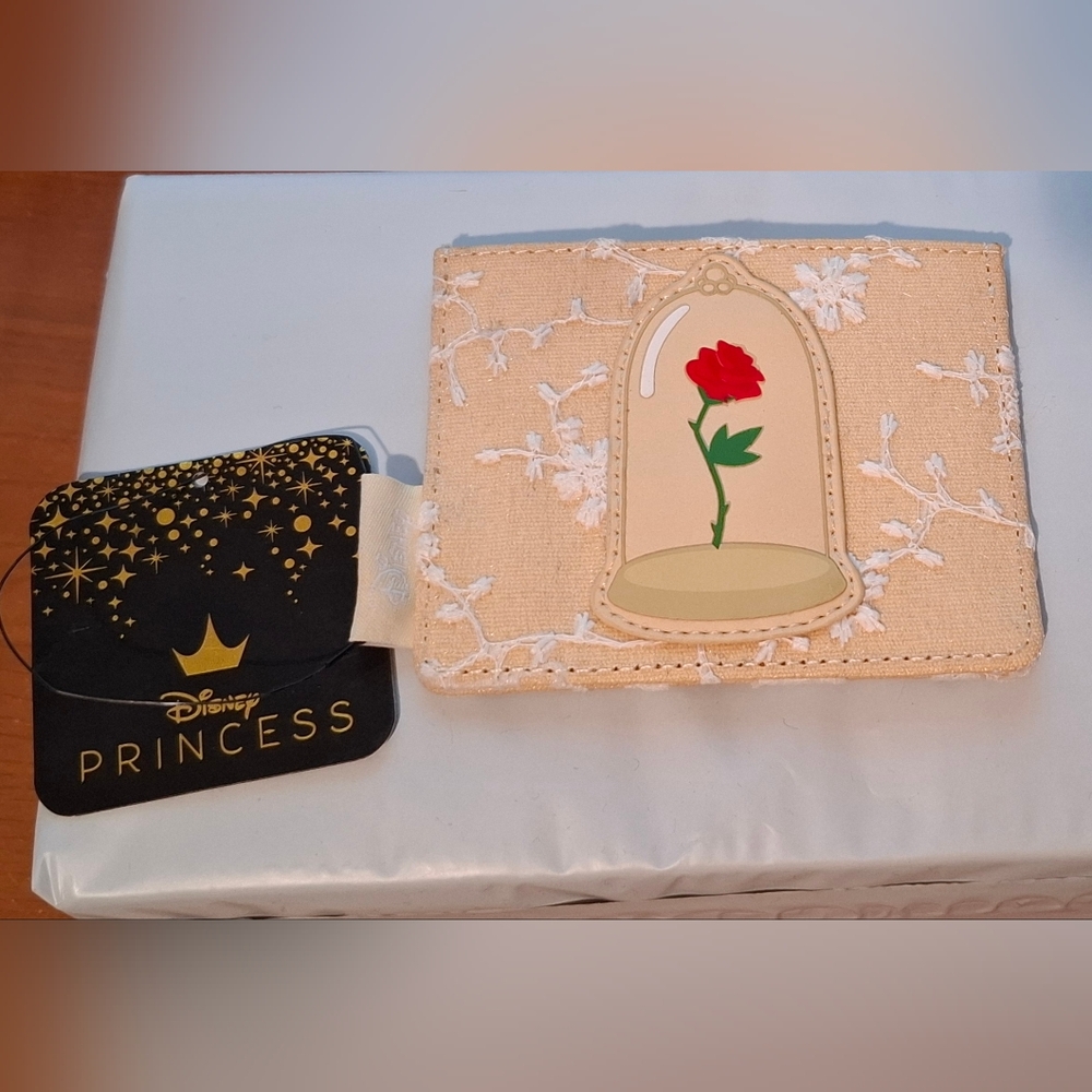 Beauty And The Beast Loungefly Tan Cardholder with White Floral Embroidery